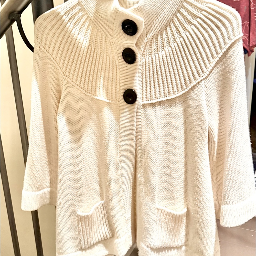 Kenneth Cole Knit Cardigan Cream w/Black Buttons professional and comfortable.